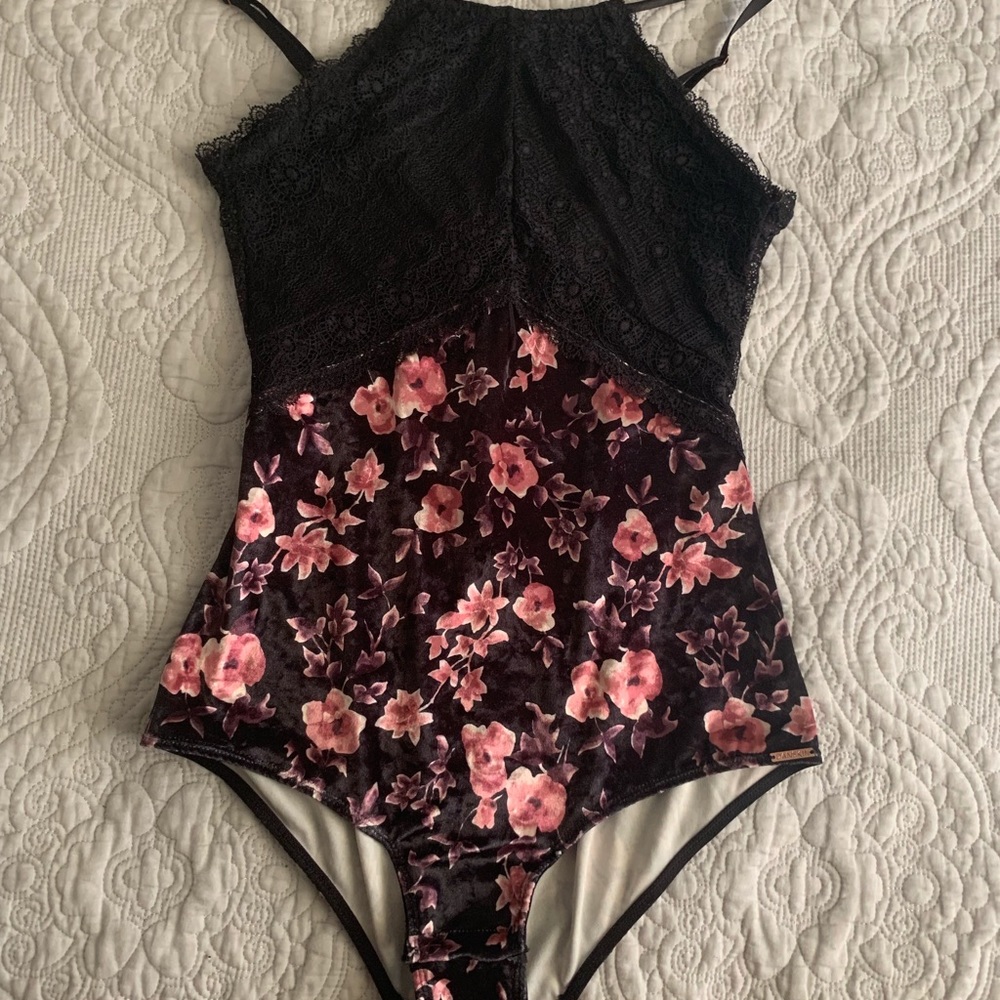 Velvet and lace floral bodysuit